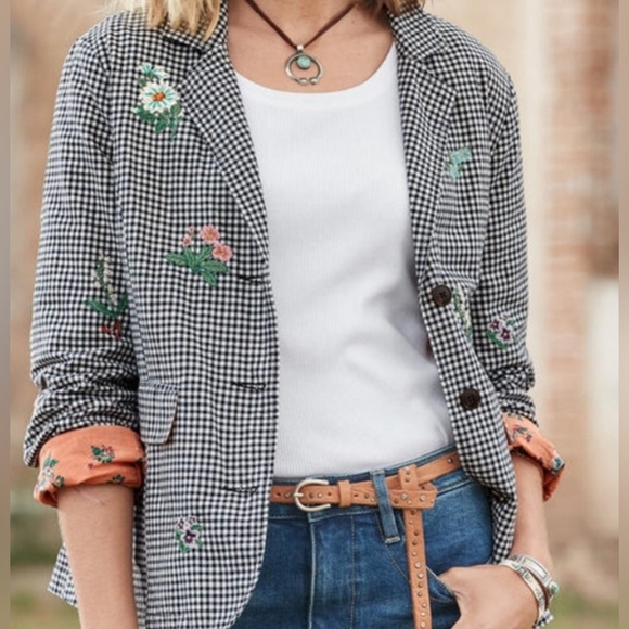 Sundance Womens Tansy Gingham Floral Embroidered Linen Blend Blazer - Size Small - Picture 1 of 12